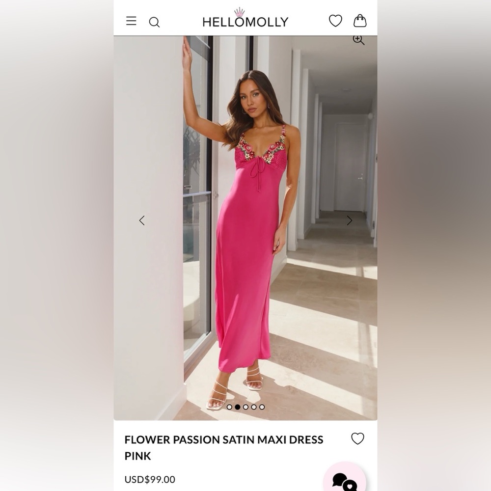 Hello Molly Pink Satin Maxi Dress with Floral Trim NWT